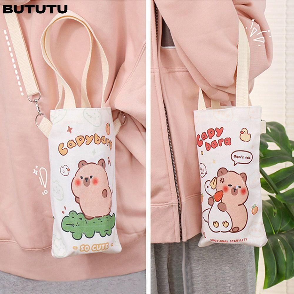BUTUTU ปลอกถ้วยแก้วความร้อน, ผ้าใบพร้อมสายคล้อง Capybara กระเป๋าขวดน้ํา, ถ้วยฉนวนฝาครอบป้องกันกระเป๋าสะพายข้าง