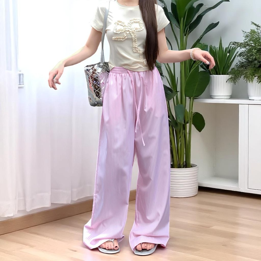 กางเกงขายาวแฟชั่น (ตระกร้านี้สำหรับลูกค้าที่สูงไม่เกิน 160 cm.) กางเกงลำลองขายาว ลายทาง เอวยางยืด พร้อมส่ง สาวอวบใส่ได้ - รูปที่ 6