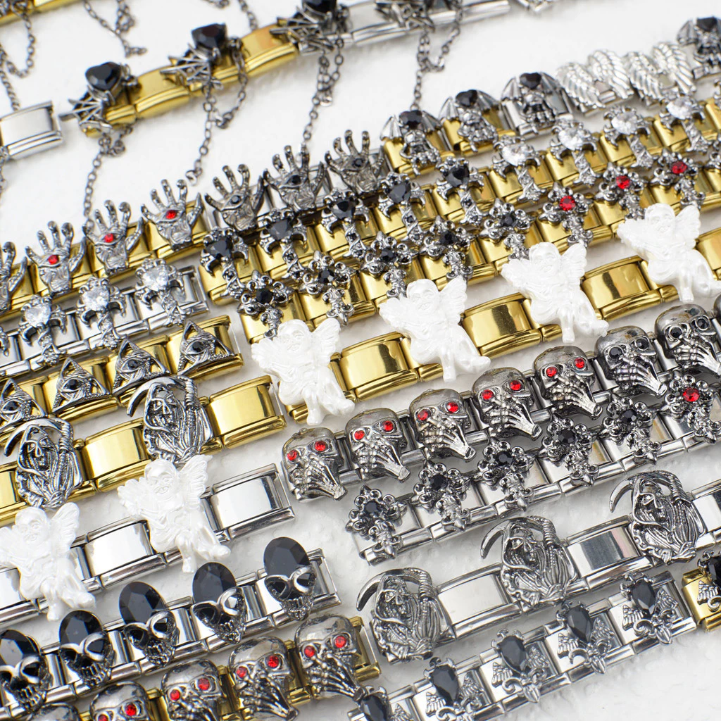 ใหม่ สร้อยข้อมืออิตาเลี่ยน Modular Dark Gothic DIY สแตนเลส ยืดหยุ่น ฟรี Splicing