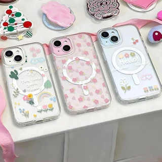สำหรับ iPhone17 16 เคส iPhone 11 เสริมสร้างแม่เหล็กอะคริลิคใสกระดานแข็ง TPU กรอบนุ่มกันกระแทก ดอกไม้14 13 12 15 7P XS XR