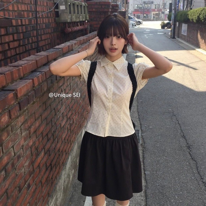 LINNA~เวอร์ชั่นเกาหลี ลายจุด แขนสั้น เสื้อเชิ้ต สไตล์ใหม่ หวาน สไตล์นักเรียน