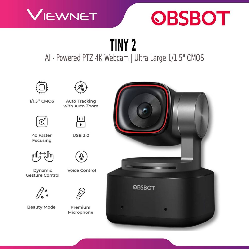 OBSBOT TINY 2 / TINY 2 LITE กล้อง PTZ 4K พร้อม BULLT-IN DUAL OMNI-DIRECTIONAL MIC& AI TRACKING พร้อม