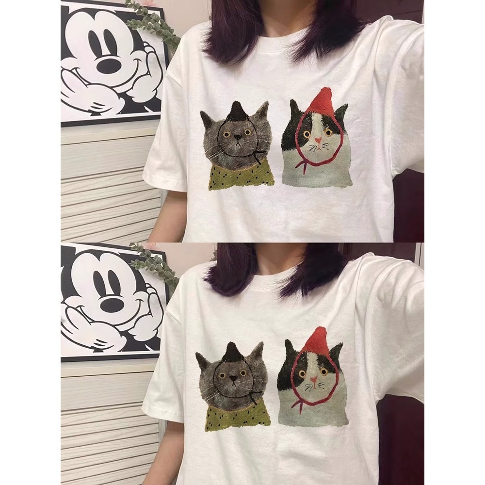 (จัดส่งตลอด 24 ชั่วโมง）Angle Official คณะกรรมการฮัน แขนสั้น เสื้อยืด หลวม มากเกินไป แมว พิมพ์ ด้านบน