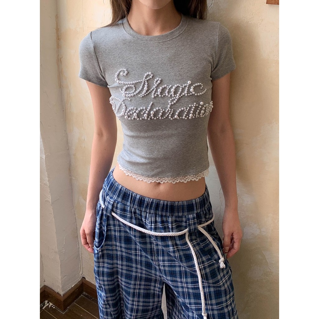 American Vintage Pearl Studded เสื้อยืดแขนสั้นฤดูร้อนอเนกประสงค์ลูกไม้ด้านบน 2025
