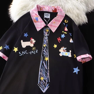 EERSHENSHI เสื้อโปโลปักวินเทจพร้อมดีไซน์ผูกเน็คไทสำหรับผู้หญิงฤดูร้อนชุดลำลอง