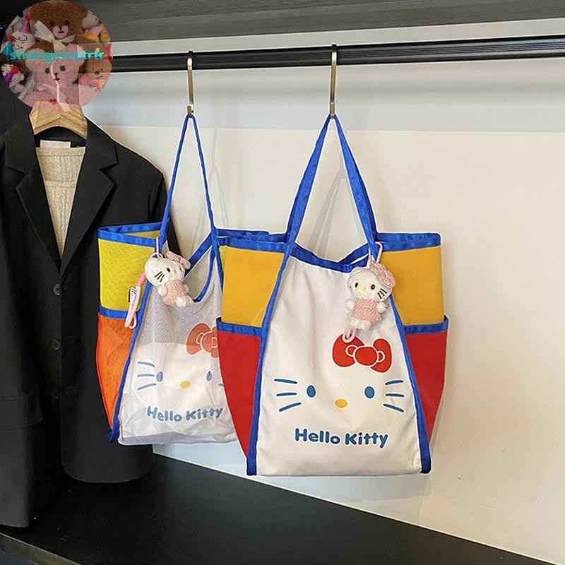 Strongaroetrtr การ์ตูนแมวกระเป๋าถือน่ารักสนุก Hello Kitty Contrast สีขนาดใหญ่ความจุพับกระเป๋าเดินทางไหล่กระเป๋าช้อปปิ้ง TH