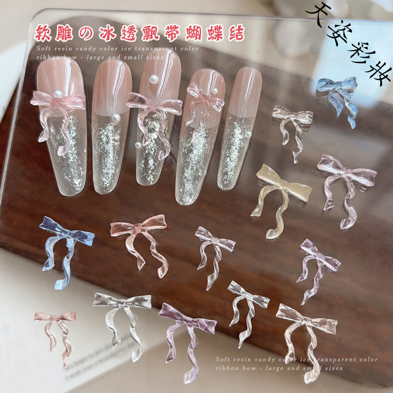 30ชิ้นนุ่มแกะสลักน้ําแข็งใสสีโบว์อุปกรณ์เล็บสีชมพูสีฟ้าสีม่วงลําแสงผูกโบว์สวมอุปกรณ์ทําเล็บ