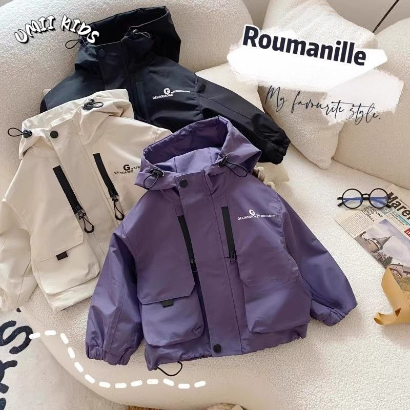 UMII KIDS ใหม่ เสื้อแจ็กเก็ตลําลอง มีฮู้ด ทรงหลวม กันลม แฟชั่นฤดูใบไม้ผลิ ฤดูใบไม้ร่วง สําหรับเด็กผู้ชาย