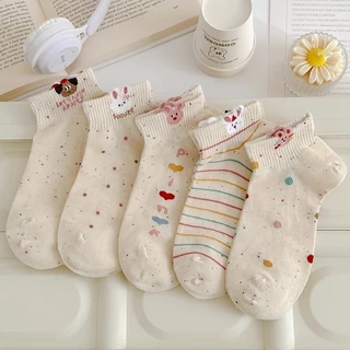 SY SHOP899 ถุงเท้าข้อสั้น (5สี/10คู่) ถุงเท้าแฟชั่น เนื้อผ้านุ่ม ลายCAT+DOG NO.B124