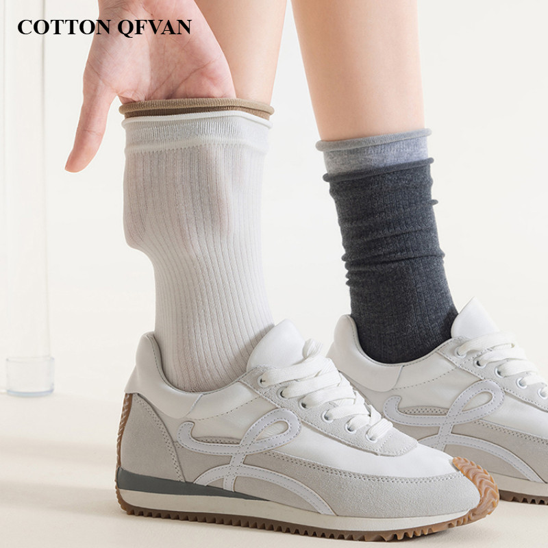 คิวเอฟวาน ผ้าฝ้ายผู้หญิงถุงเท้าฤดูร้อนบาง มิอุ ชุดบัลเล่ต์สไตล์ เจเค ถุงเท้าหลอดกลางคู่ข้อมือไม่มีกระดูกหลวมถุงเท้าผ้าฝ้ายระบายอากาศ