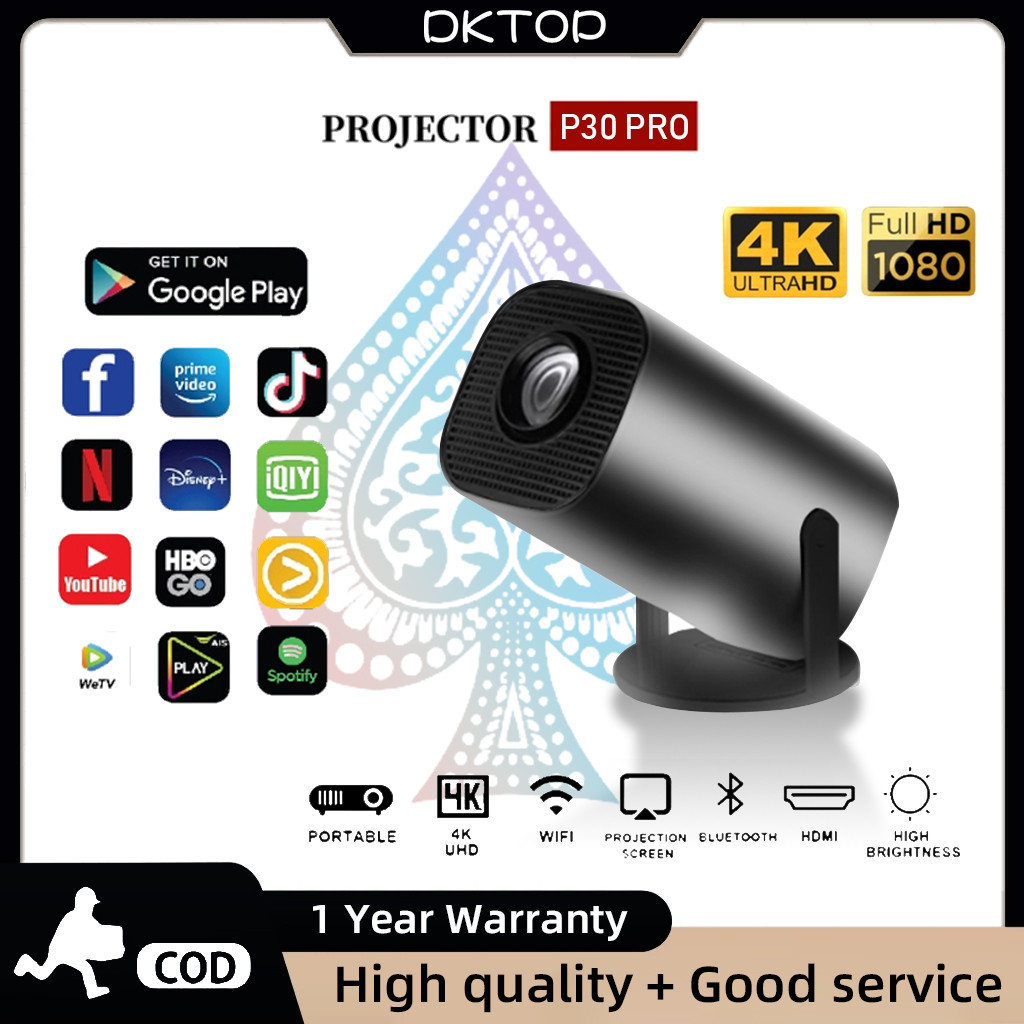 HY300/P30 PRO โปรเจคเตอร์ 4K Full HD 1080P โปรเจคเตอร์แบบพกพาสมาร์ทโปรเจคเตอร์สําหรับโทรศัพท์พร้อมบล