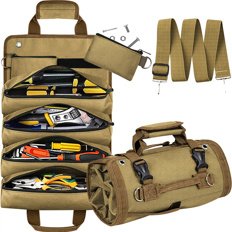 BCF กระเป๋าเครื่องมือ Roll Up, Heavy Duty Tool Organizer สําหรับผู้ชายผู้หญิง,แบบพกพากล่องเก็บเครื่องมือ 2 กระเป๋าซิปที่ถอดออกได้,ขนาดกะทัดรัดขนาดเล็ก Carrier กระเป๋าสําหรับช่างไฟฟ้า