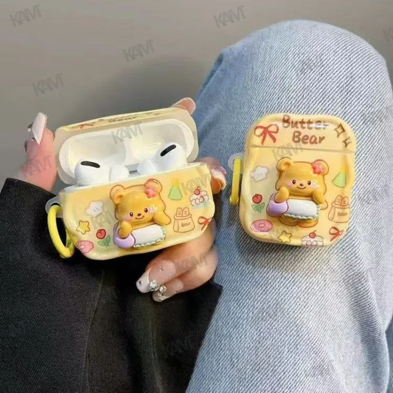 [Kam]เคสป้องกันหูฟังหมีเนย 3D เหมาะสําหรับ Airpods 1 2 3 4 Pro Pro2 กันกระแทกและกันกระแทก