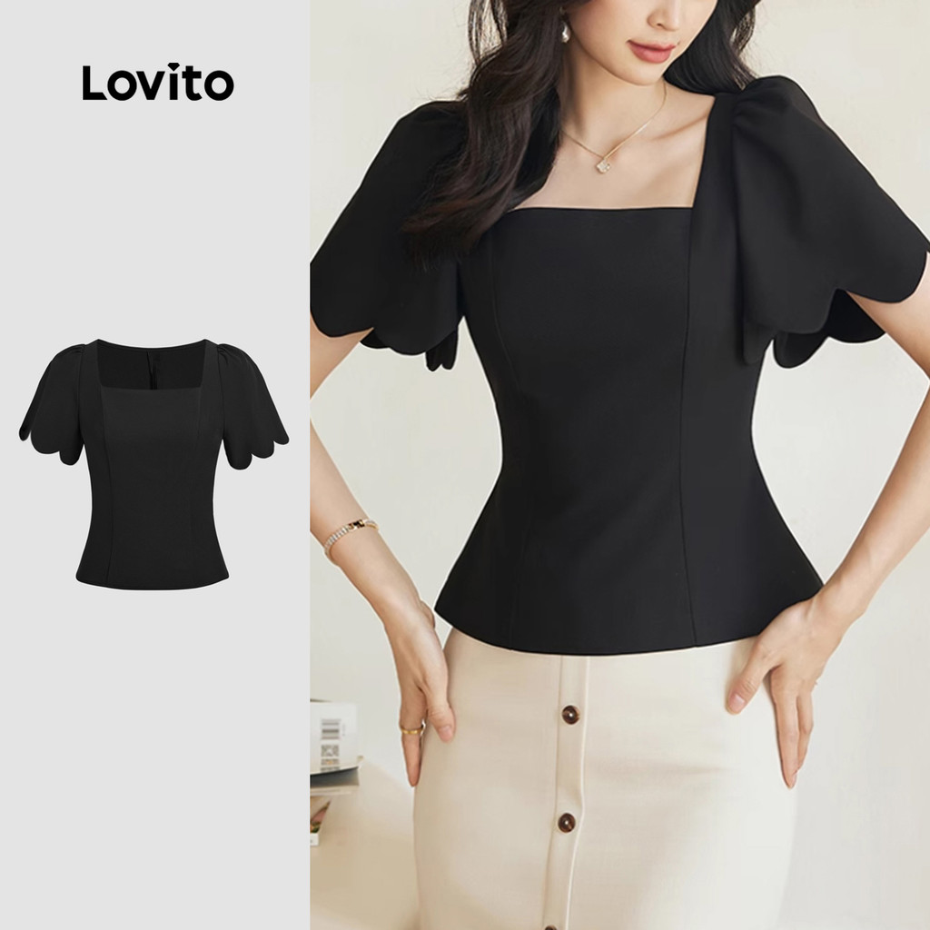 B135-1-เสื้อเข้ารูปแขนระบายลายคลื่นคอเหลี่ยม-BLB135P2D092