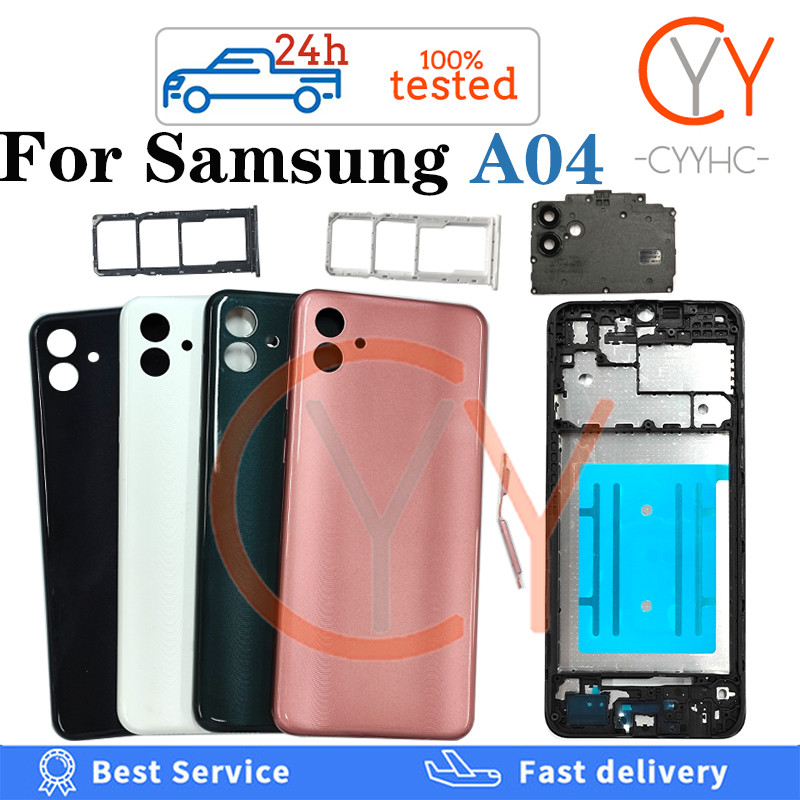 สําหรับ Samsung Galaxy A04 A045 ฝาหลังแบตเตอรี่ปุ่มปรับระดับเสียงปิดปุ่มเปิดปิดฝาครอบแบตเตอรี่ด้านหลังประตู + กรอบด้านหน้า LCD + ถาดซิมเปลี่ยนการ์ด