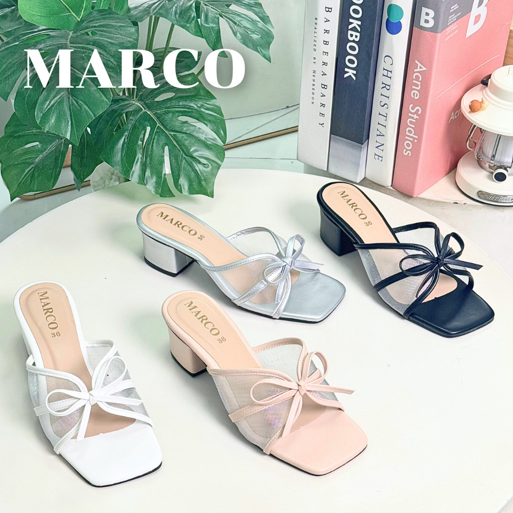 รองเท้าส้นสูง แบรนด์ MARCO รุ่น A1091 ผ้าซีทรู แต่งโบว์ ใส่สบาย