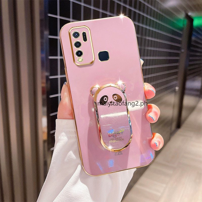 Vivo Y50 Y30 Y30i 1935 1938 Cartoo ขาตั้งหมีน่ารัก 6D หรูหรา Fine Hole กล้อง Ultra-thin Plating Case