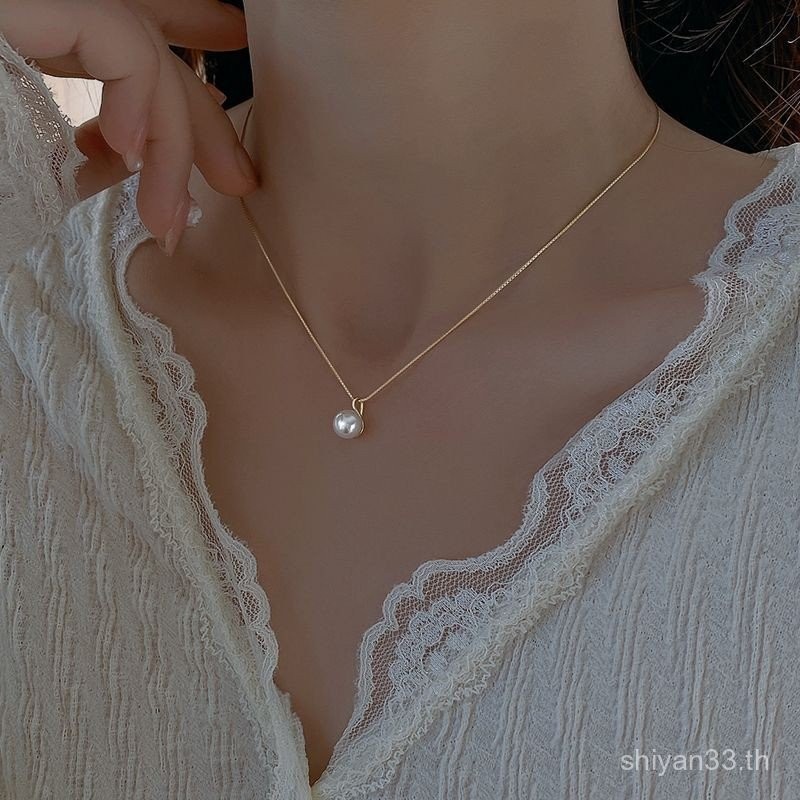 สร้อยคอจี้ไข่มุกเล็กสไตล์มินิมอลสำหรับผู้หญิง สไตล์ฝรั่งเศส สร้อยคอโซ่เย็นสำหรับกระดูกไหปลาร้า ของขว