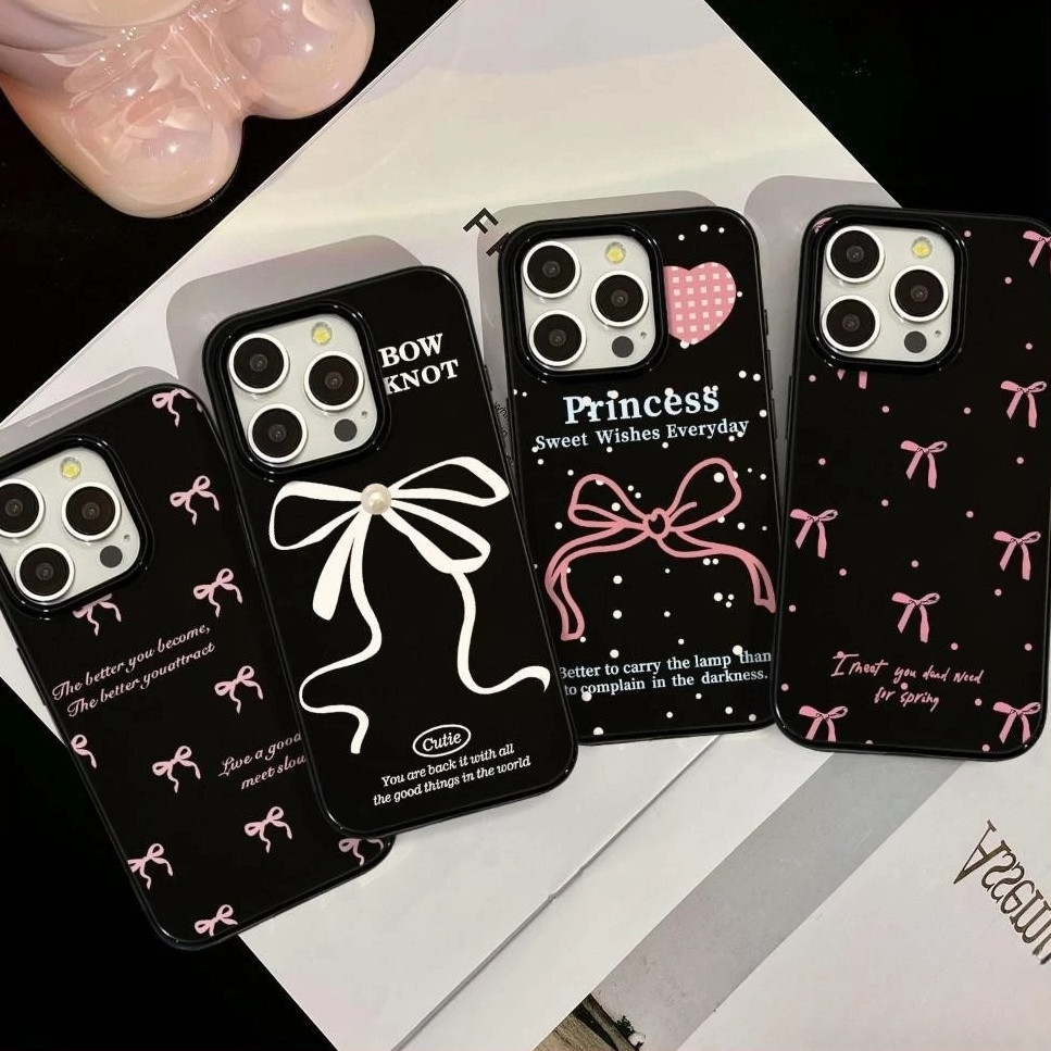 สำหรับ iPhone 16 13 15 12 14 11Pro Max XS MAXเคส ไอโฟน สีดำมันTPUซอฟท์เคส กันกระแทกกล้องป้องกัน โบว์ดอกไม้ เข้ากันได้กับ