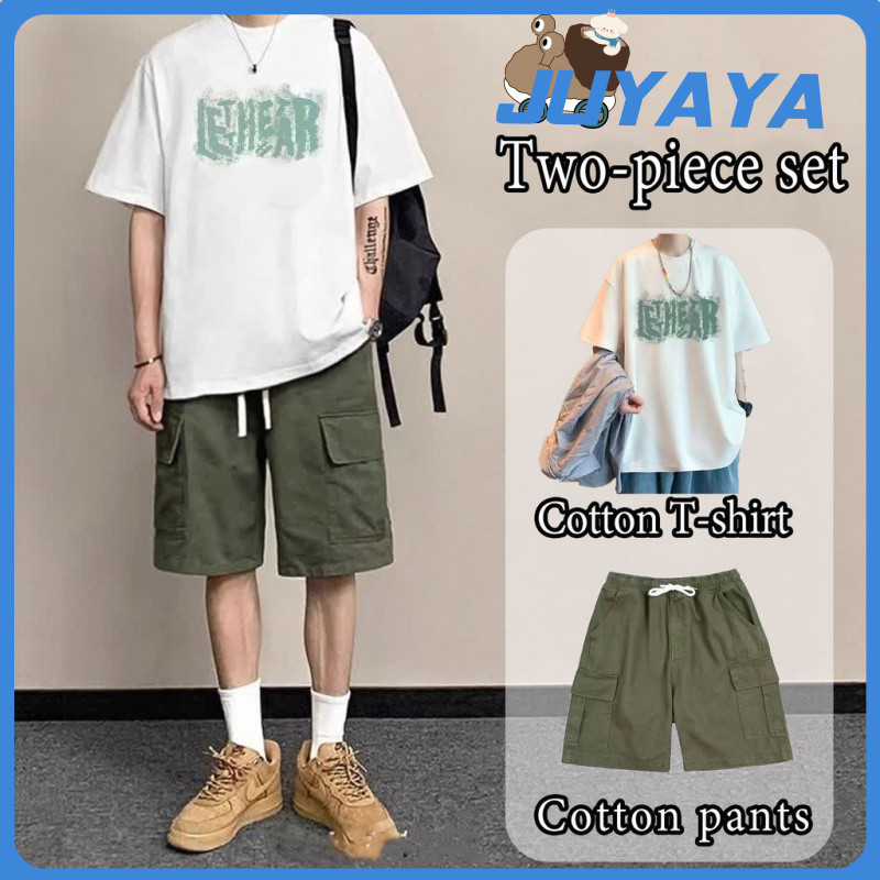 Juyaya เสื้อยืดคอกลม  ใหญ่แขนสั้น  ฤดูร้อนของผู้ชาย ผู้หญิง  ชุดสองชิ้น ชุดสูทเข้าชุด กางเกงลำลอง หล
