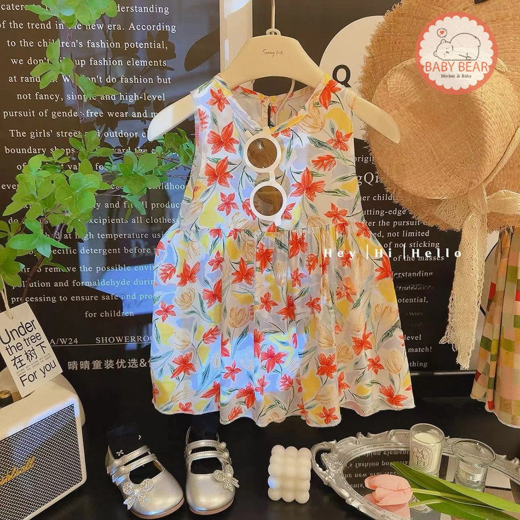 ใหม่ ชุดเดรสเด็กหญิง เดรสดอกไม้เด็ก ผ้าพลิ้วๆ พิมพ์ลายดอกไม้ Size80-130cm - รูปที่ 3