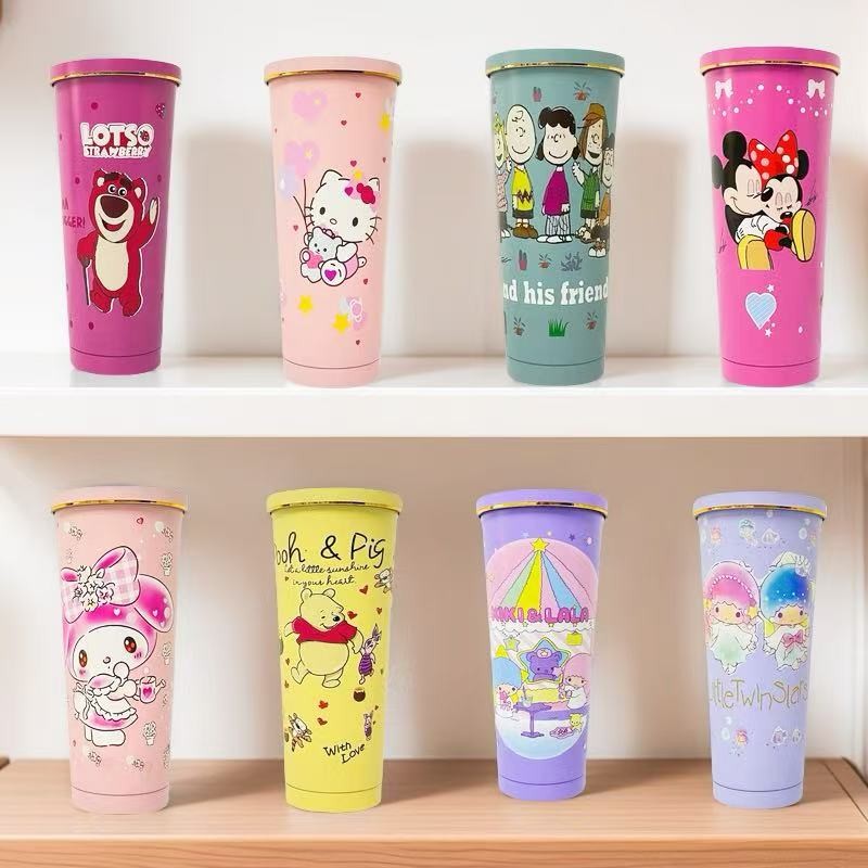 แก้วน้ํา 750มล ลายการ์ตูน ถ้วยกาแฟ สแตนเลส 304 พร้อมแปรงล้างหลอด หลอด ส่งจากกทม.