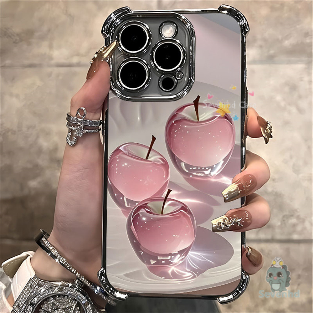 คริสตัลสาม Apples สนุกปลอกสําหรับ iPhone 11 16 15 14 13 12 Pro Max XR X XS 8 7 6 Plus SE2020 INS เกาหลีเคสโทรศัพท์สี่มุมถุงลมนิรภัยเคสโทรศัพท์ใสกันกระแทกฝาครอบป้องกัน