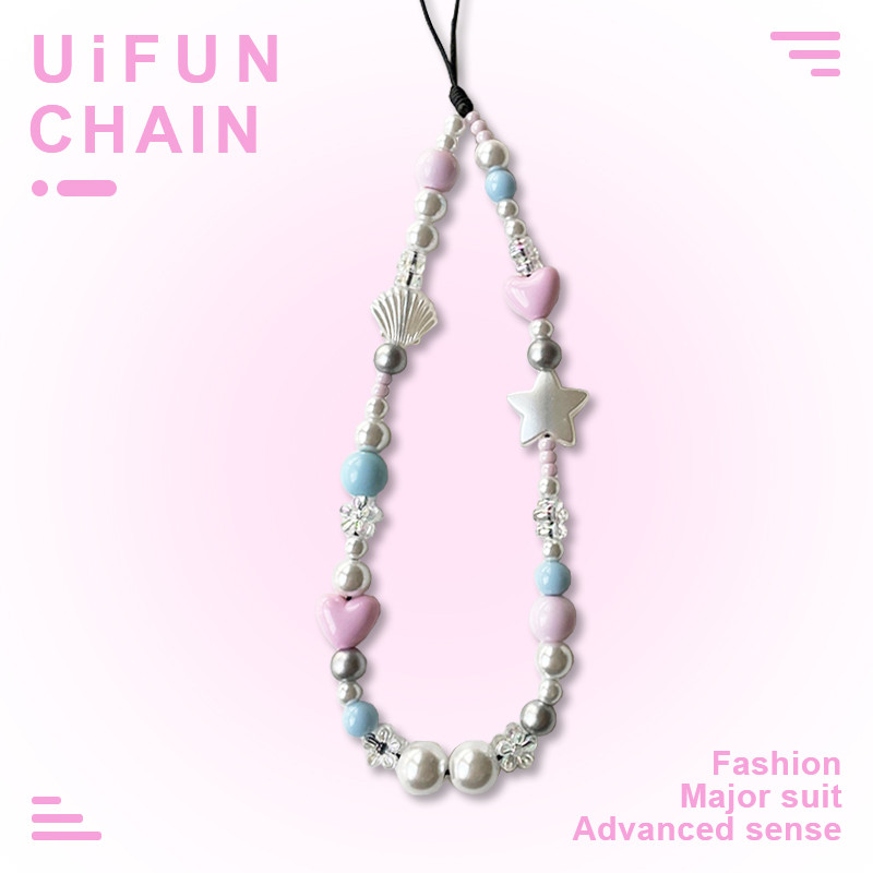 อิน สีชมพูหัวใจรักเปลือกหอยลูกปัดสากลโซ่โทรศัพท์มือถือกล้องเชือกเส้นเล็กอุปกรณ์ตกแต่งสายรัดข้อมือป้องกันการสูญหายพวงกุญแจ