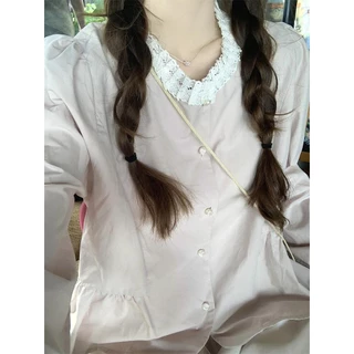 Mimi&didi#เสื้อเชิ้ตครอปทรงเบบี้ดอลล์ เสื้อเชิ้ตลายลูกไม้หลวมๆ สไตล์เกาหลี แขนยาว หวานและน่ารัก สำหรับผู้หญิง#W615