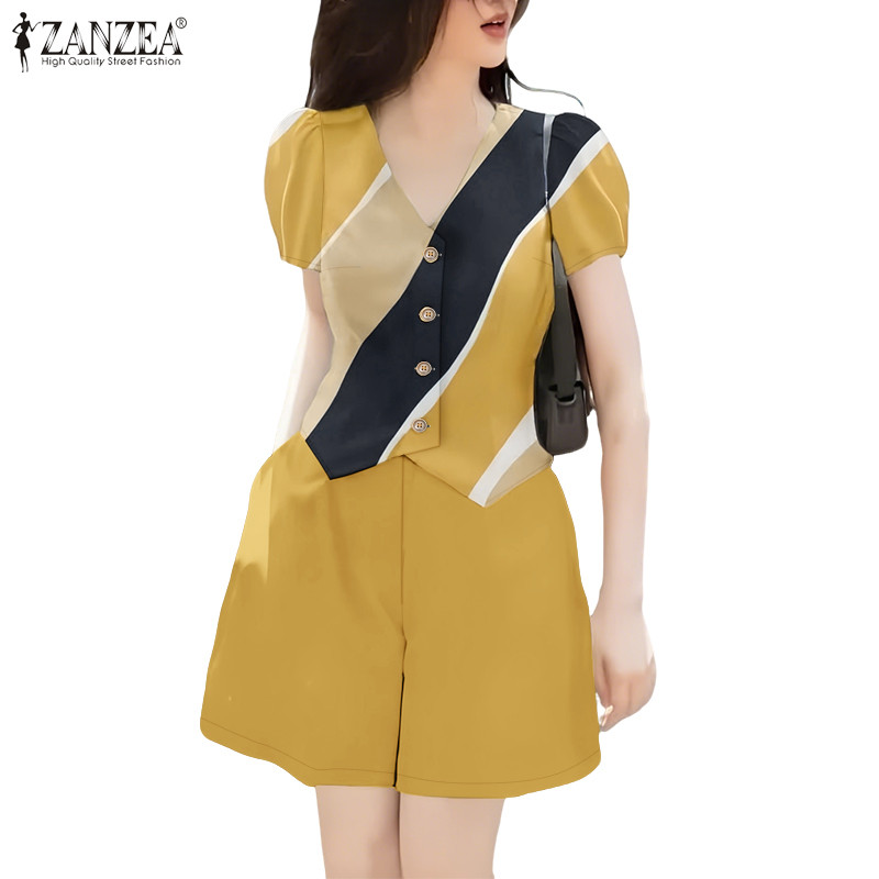 ZANZEA ซานเซีย ชุด.two piece.เกาหลีพิมพ์แขนสั้นพัฟแขน โวลต์ คอด้านบนกางเกงขาสั้นเอวยางยืด