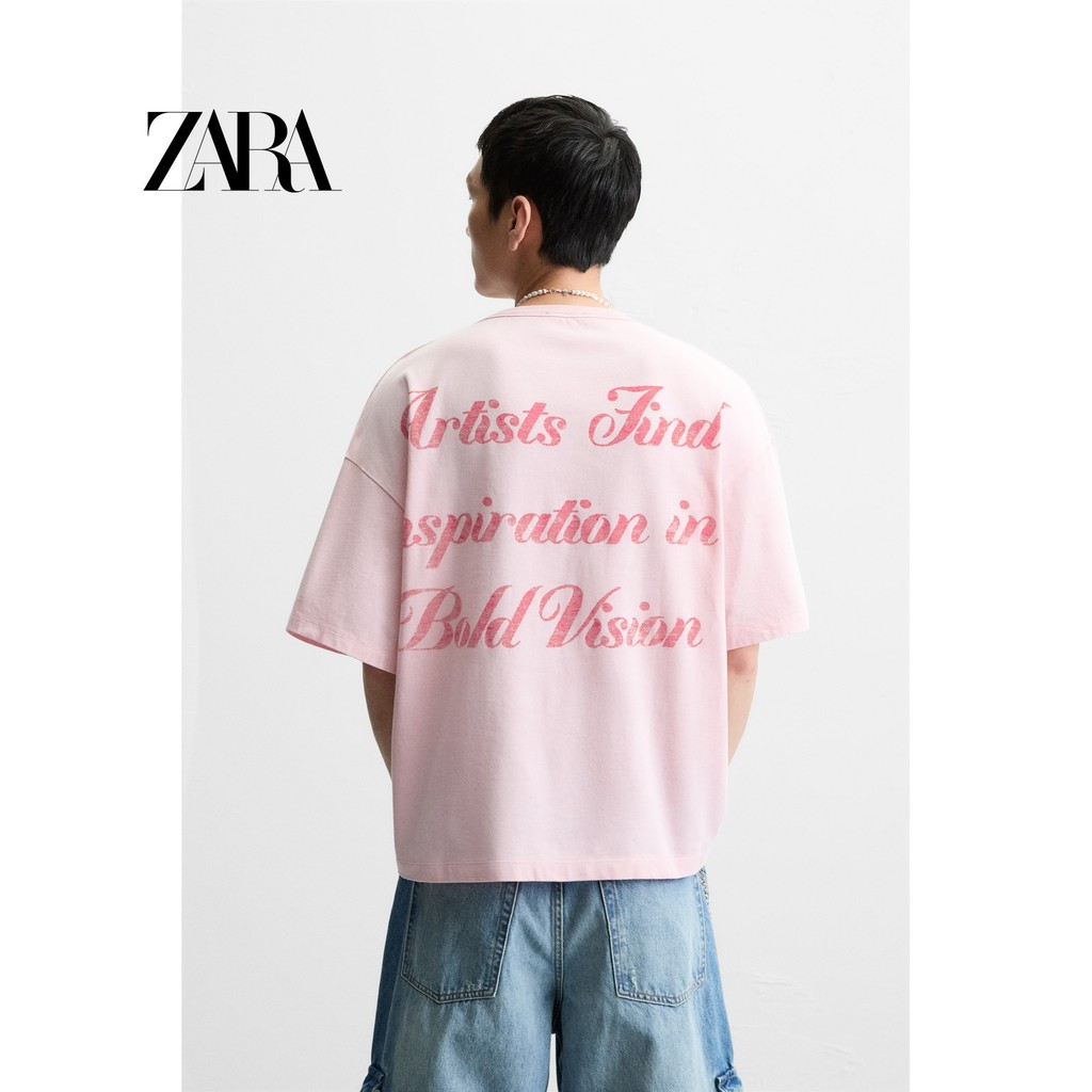 ซาร่า สินค้าใหม่ผู้ชายผ้าฝ้ายหลวมพิมพ์คอกลมแขนสั้นเสื้อยืด 0722485