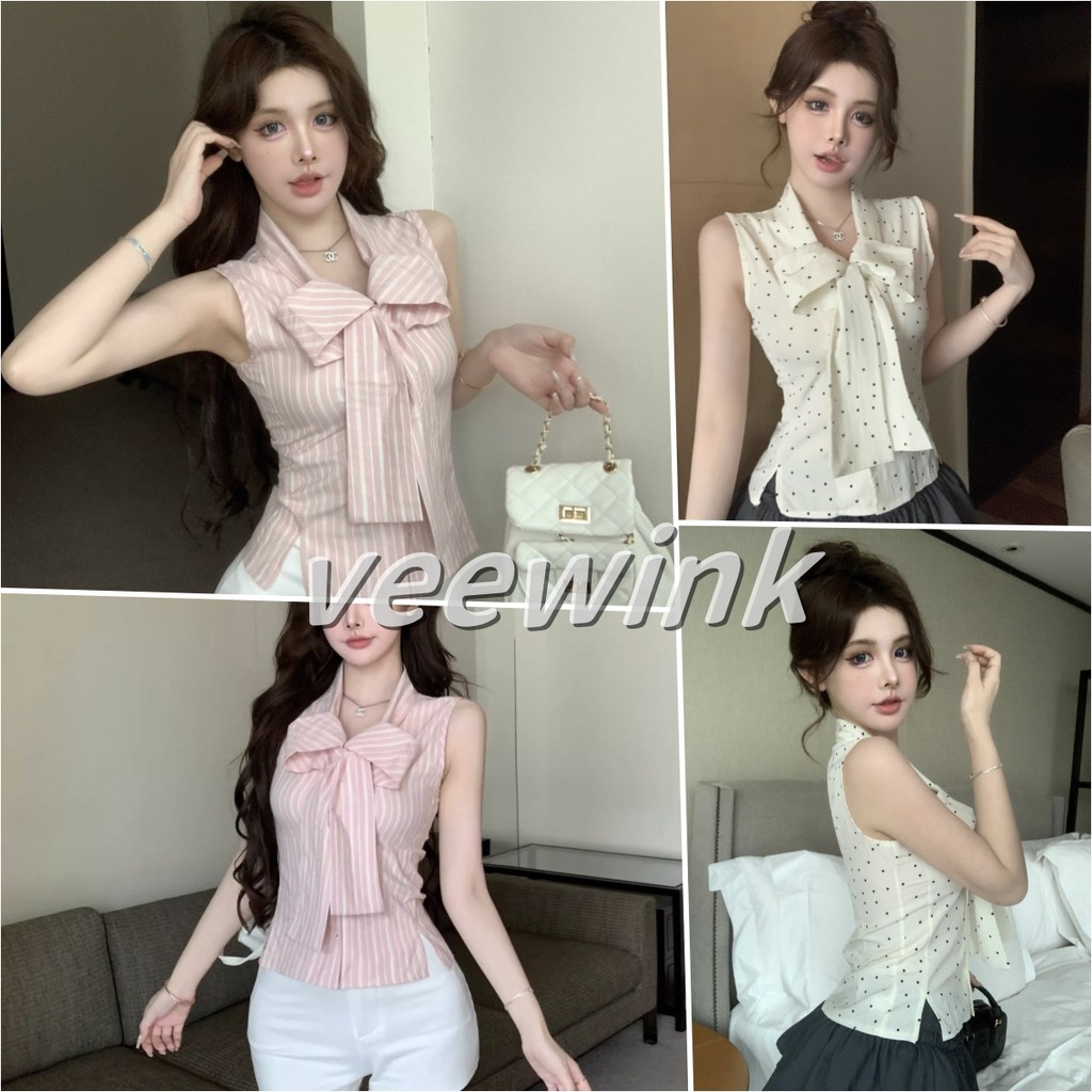 Veewink เสื้อเชิ้ตสไตล์ฝรั่งเศส ลายจุดโบว์ ไร้แขน เปิดข้าง สไตล์หวานๆ เผ็ดๆ เนื้อผ้าเบา สไตล์เกาหลีY2K