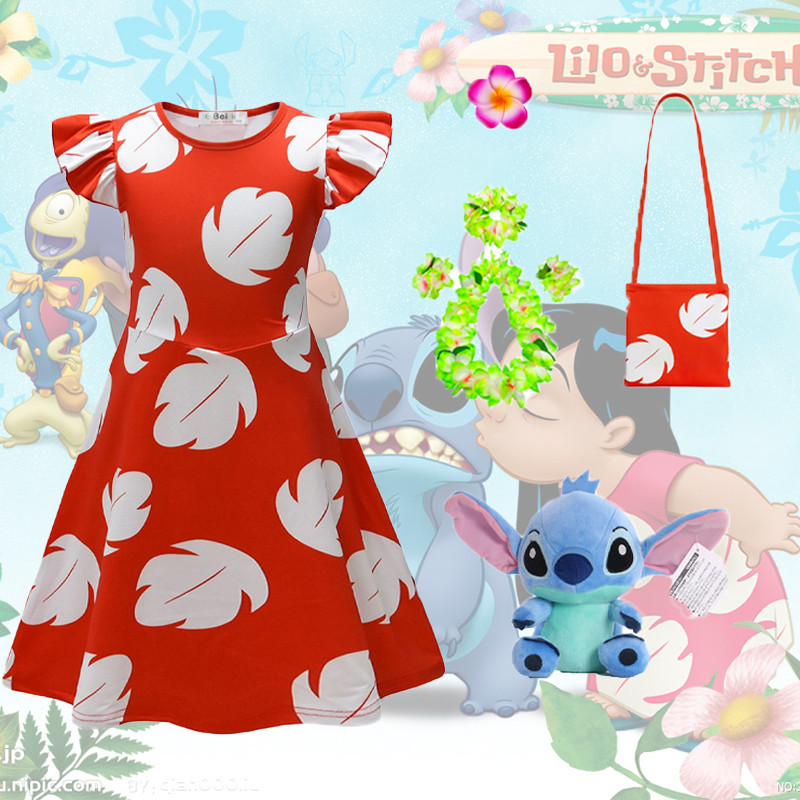 Lilo และ Stitch เครื่องแต่งกายสําหรับเด็กสาวฤดูร้อน Lilo Red Leaf พิมพ์ชุดฮาวายดอกไม้ Stuff ของเล่น Terno ชุดนอนปาร์ตี้ฮาโลวีน