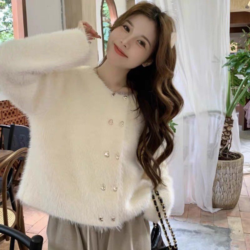 ฤดูใบไม้ผลิและฤดูใบไม้ร่วงเกาหลีน่ารักหวานหลวมเสื้อกันหนาวสั้นผู้หญิงรอบอเนกประสงค์สีทึบปุ่มเสื้อกันหนาว - รูปที่ 2