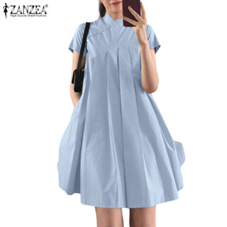 ZANZEA ชุดเดรสแขนสั้นคอตั้งสไตล์เกาหลีสําหรับผู้หญิง