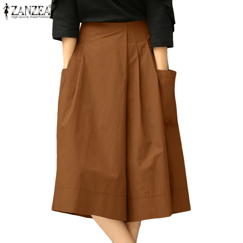 ZANZEA ผู้หญิงเกาหลี Commute Casual เอวสูง Pleats หลวมกางเกงขากว้างแข็ง