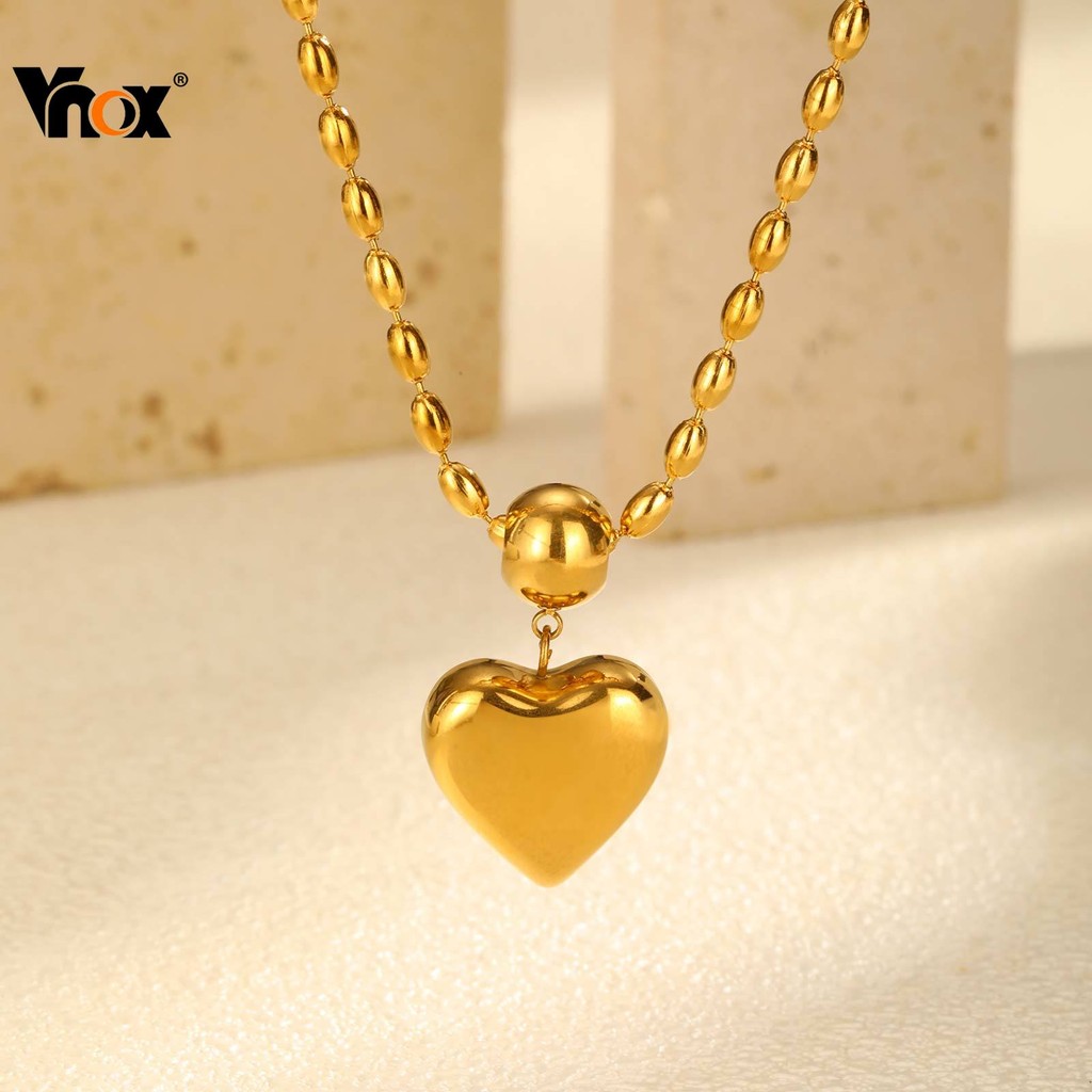 VNOX วีน็อกซ์ สร้อยคอลูกปัดรูปหัวใจกลวงอินเทรนด์สําหรับผู้หญิง,เหล็กไทเทเนียม18เคทองปรับไม่จางหายโซ่เครื่องประดับ