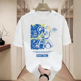 เสื้อยืดคอกลม แขนสั้น พิมพ์ลายหมี oversize t shirt เสื้อยืดผู้ชาย-ผู้หญิง เสื้อสวยๆเท่ๆ แฟชั่น สีขาว-สีดำ