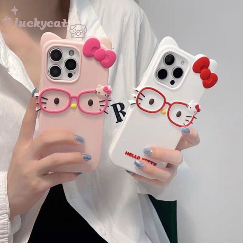 เข้ากันได้กับ iPhone 16 15 14 13 12 11 Pro Max เคสโทรศัพท์น่ารักหวานสวมใส่แว่นตา Bow KT แมวยางซิลิโคนนุ่มปกหลัง