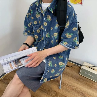 MNO.9 Shirt C166 เสื้อเชิ้ตยีนส์ แขนสั้น ลายดอกทานตะวัน เสื้อเชิ้ตลำลองชาย Man Clothing