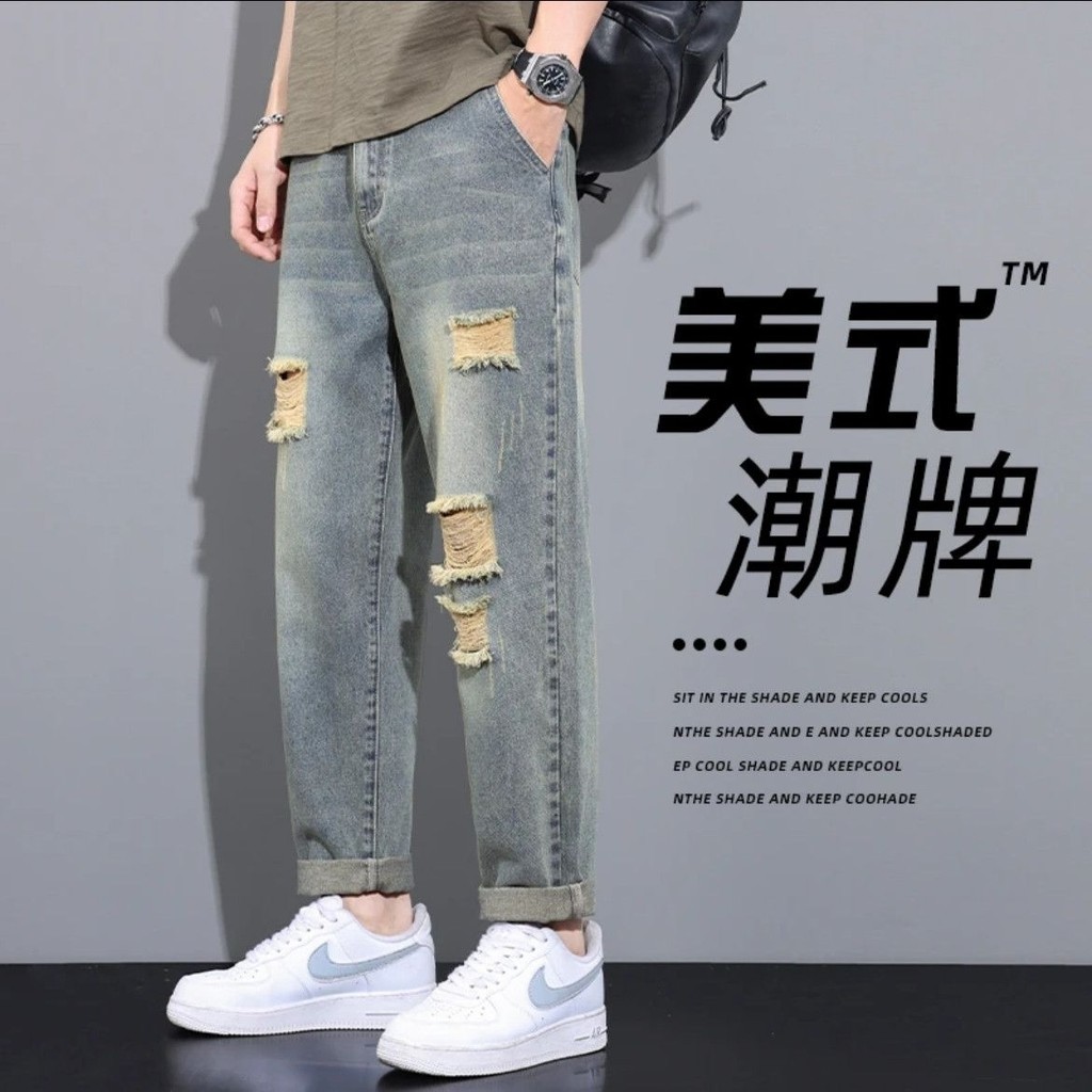 ยีนส์ขาสั้นผู้ชายแบบหลวมๆ สำหรับฤดูร้อน มีรู แฟชั่นใหม่ ขาตรงบาง ใช้งานได้หลากหลาย