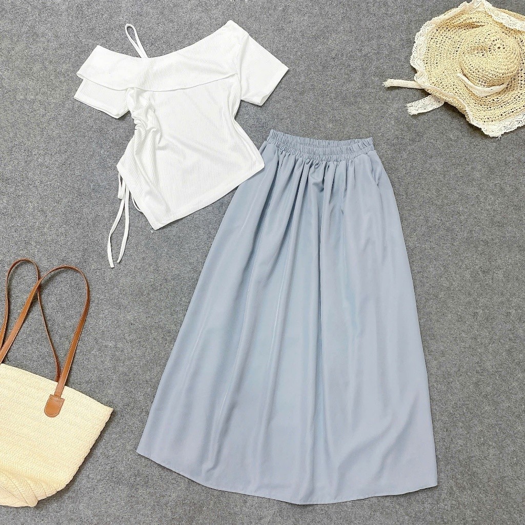 Bigsize Womens Set รวมเสื้อยืดปาดไหล่ปกเฉียงและเอวจับจีบผสมผสานกับกระโปรงยาวคอนซีลเลอร์ chuppy - G21