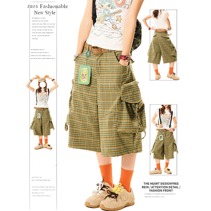 SUIKONE ซุยโคเนะ กางเกงขาสั้นขากว้างอเนกประสงค์ลายสก็อตย้อนยุคอเมริกันสำหรับฤดูร้อนผู้ชายและผู้หญิง