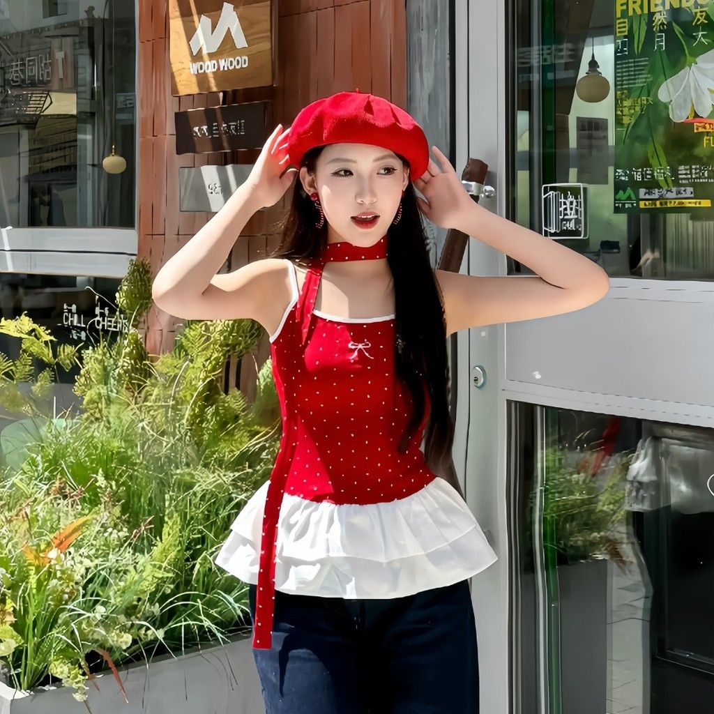 JJ Shop​ พร้อมส่ง เสื้อกั๊กลายจุดสีแดงของผู้หญิงปี 2025 สายเอี๊ยมฤดูร้อนใหม่ ชายกระโปรงจับจีบ ทรงเข้ารูป “Y9910-1” ราคา ถูกที่สุด ดีลบีเคเค แกลเลอรีภาพที่ 4