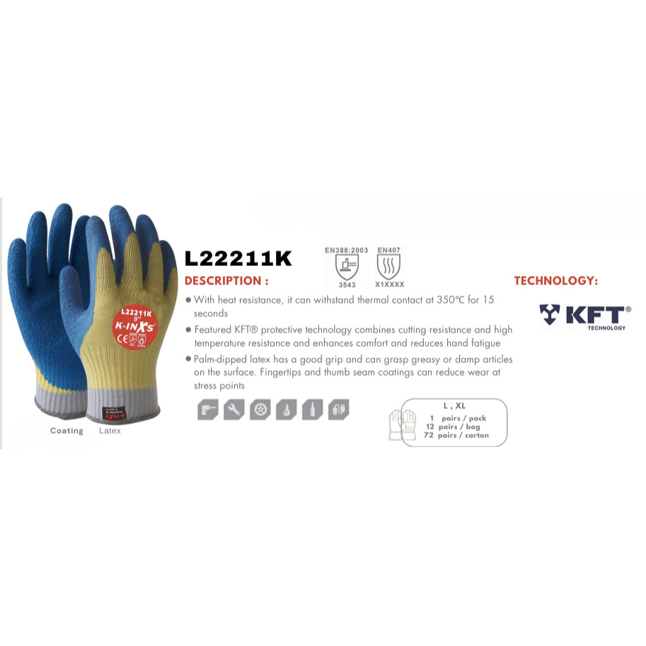 12 คู่ /1bag safety INXS L22211K ถุงมือนิรภัยสําหรับกันบาดปลอดภัย