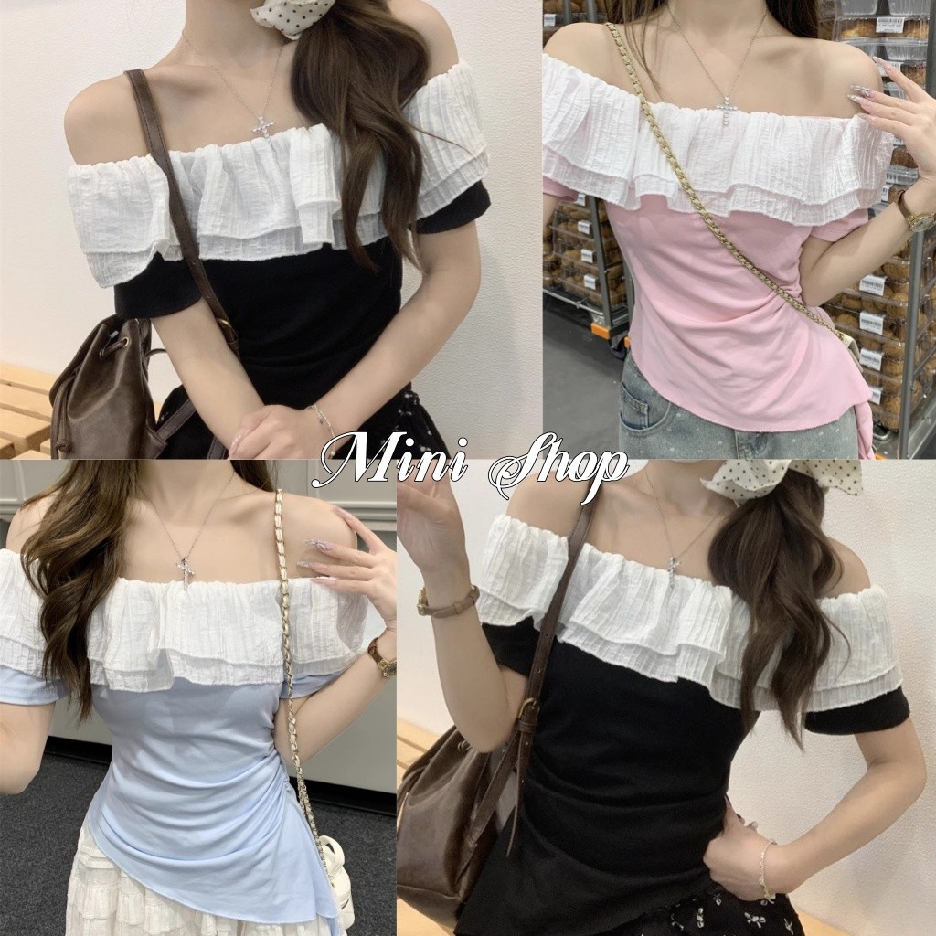 Mini shop🌸พร้อมส่ง🌸(56513) เสื้อไหมพรม เสื้อแฟชั่น แขนสั้น เข้ารูป เปิดไหล่ระบายสีพาสเทล