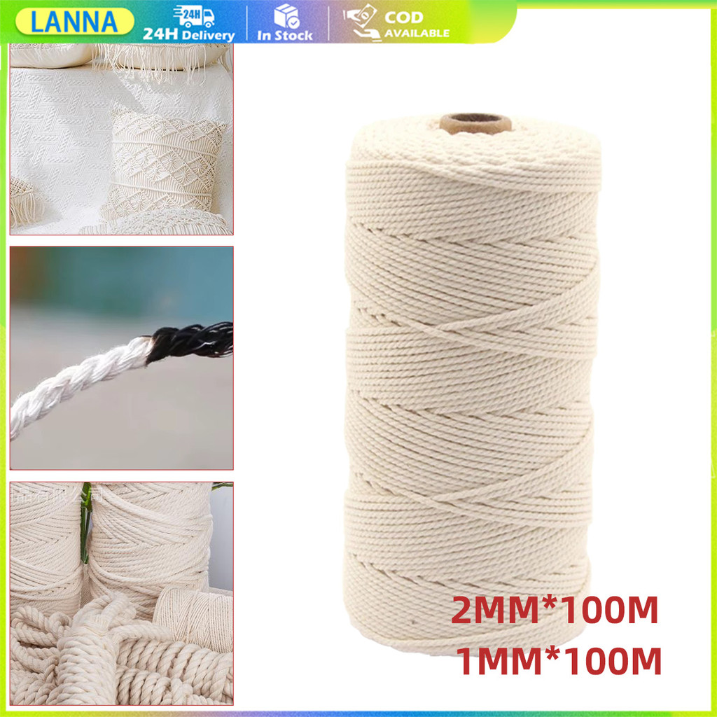 ร้านอยู่ที่ไทย เชือกผ้าฝ้ายถัก หนา1มิล 2มิล ยาว100M ถักกระเป๋า มัดของ เชือกcotton งานDIY