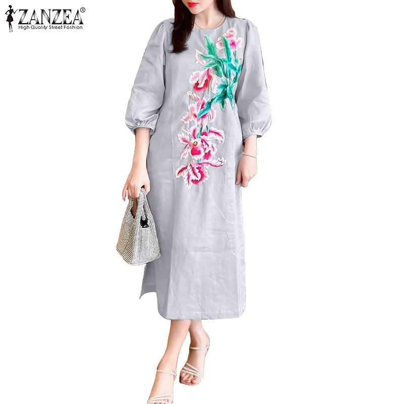 ZANZEA ผู้หญิงเกาหลี Ladylike สタイルลูกเรือคอ 3/4 แขนโคมไฟพิมพ์ลายดอกไม้ Midi Dress