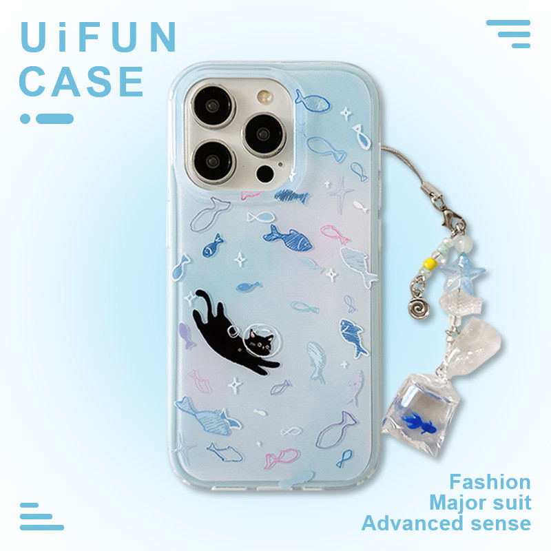 INS Gradient Blue Fish Black Cat 2 ใน 1 เคสโทรศัพท์สําหรับ iPhone 16 15 14 Pro Max 13 16Pro พร้อมโซ่ TPU กันกระแทกมือถือฝาหลัง