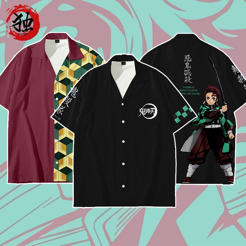 Demon Slayer 3D พิมพ์ปกแขนสั้นเสื้อเชิ้ตลำลองผู้ชายขนาดบวกของหลวมด้านบน